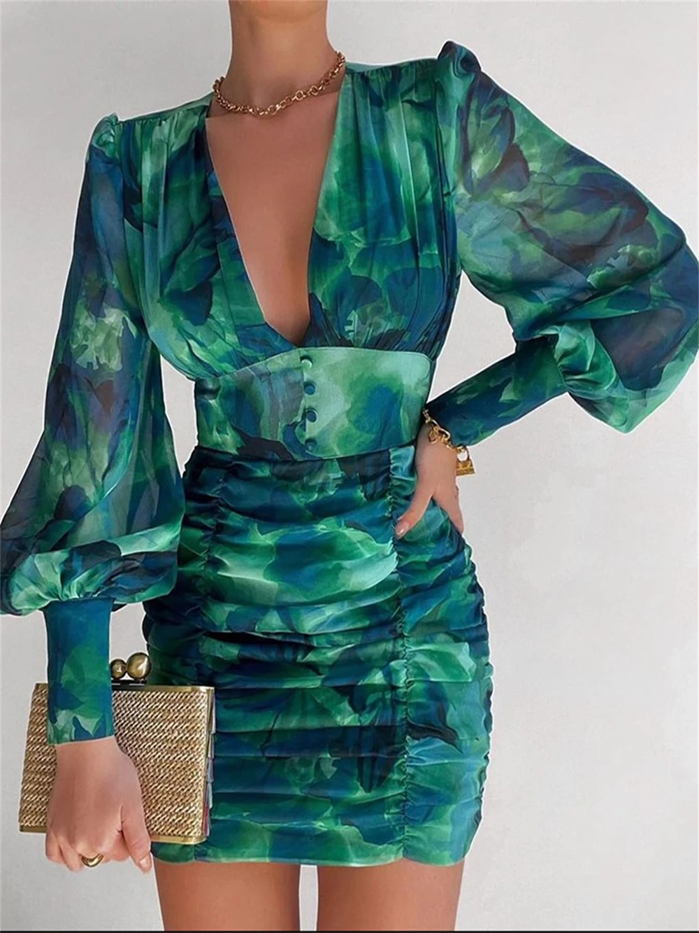 

Flowers Print Party Corset Dress Summer Fashion Casual Bodycon Dresses For Female Deep V-neck Slim Long Sleeve Femme Sexy Robe