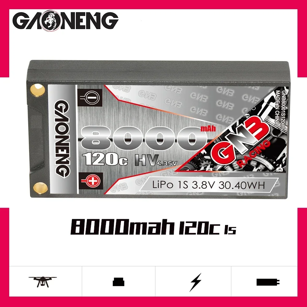 

GNB 1S2P 8000mAh 3.8V 120C GAONENG See Through Thin Hardcase LiHV Battery Pack 5.0 Bullet XT60 Connector For 1/12 RC Car Boat