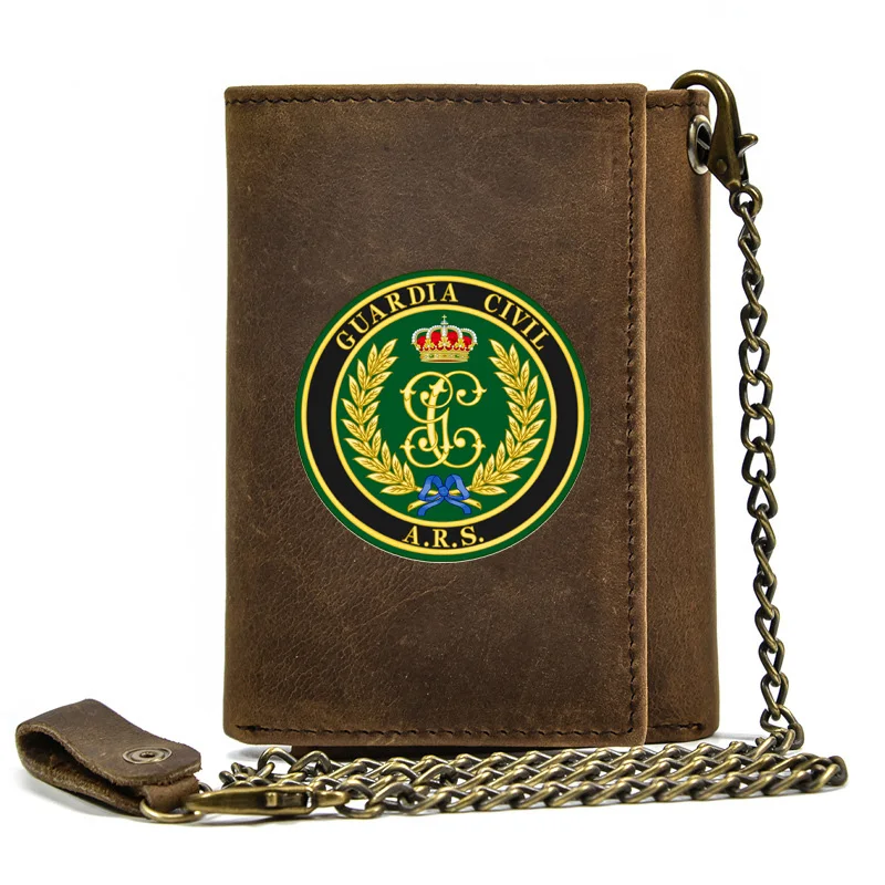 

High Quality Men Genuine Leather Wallet Anti Theft Hasp With Iron Chain España Guardia Civil A.R.S Cover Card Holder Short Purse