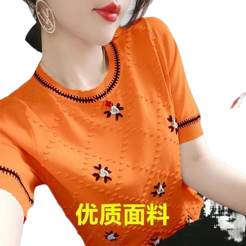 

Embroidered Ice Silk Short-sleeved Sweater T-shirt Women's New Style Western Style Loose Large Size Elegant Base Top