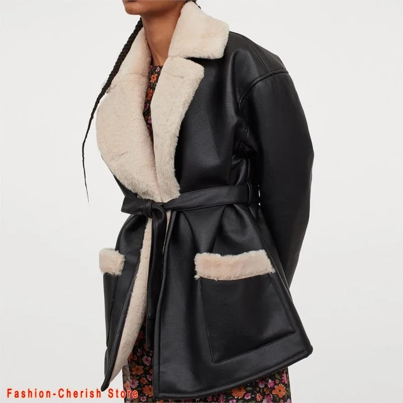 

2023 Winter Women Fashion Thick Faux Leather Coat Women New Leather Coat Fur Lining Thick Warmth Solid Jacket Bomber Jacket