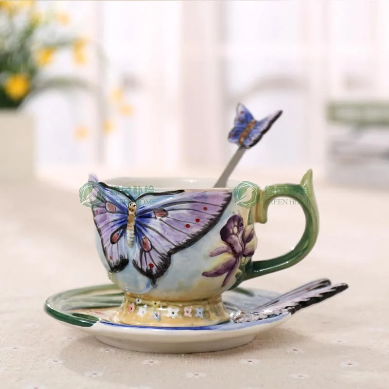 

Home Decoration Ceramic Hand-painted Butterfly Coffee Cup Kitchen 3D Colored Enamel Porcelain Mug with Saucer and Teas Poon