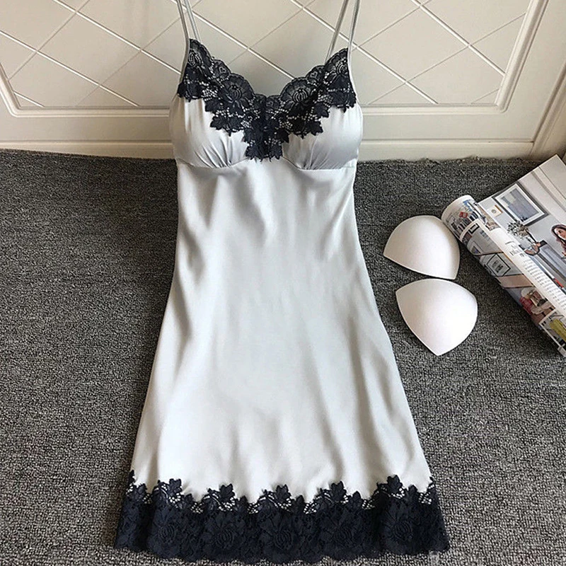 

Sexy Pajama Slip Nightdress Thin With Breast Cushion Lace Edge Sexy Seductive Silk Home Wear Couple Comfort Individuality plus