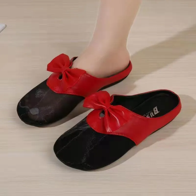 

Summer Elegant Flat Sandals Solid Bowknot Square Toe Fashion Mules Bright Surface Casual Comfort Office Dressy Sandals