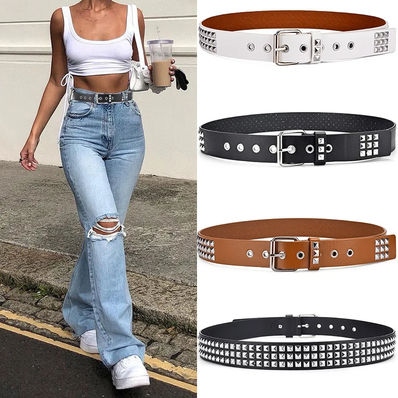 

High Quality Punk Rock Ladies PU Leather Belt Buckle Rivet Fashion Casual Jeans Belts for Women Luxury Designer Brand Cowboy