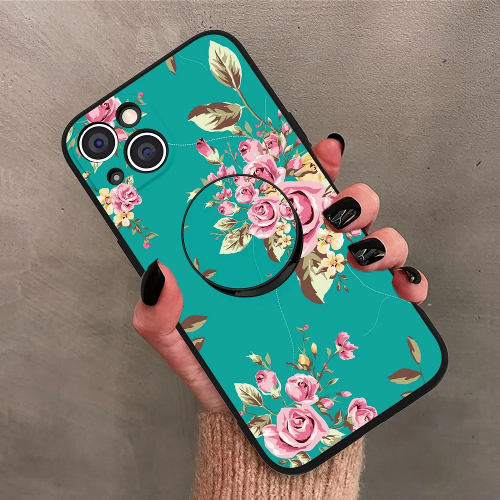 

Flower Case Stand for iPhone i11 i12 i13 iX Pro XS Max XR i678 Plus SE Tempered Glass Protective Screen Film Cover Finger Holder