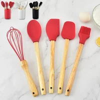 5pcs white cooking kitchenware tool silicone utensil with wooden multifunction handle non stick spatula ladle egg beaters shovel
