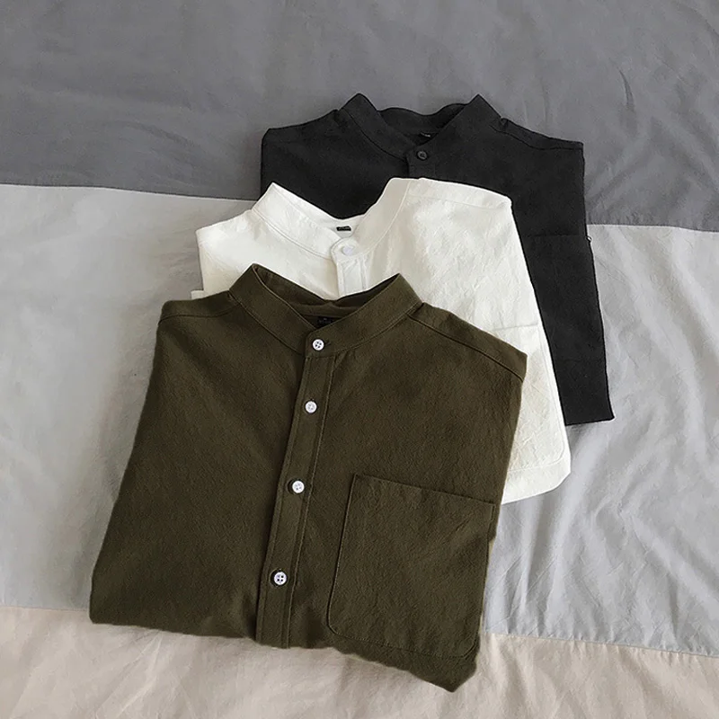 

Simple Design Solid Colors Long Sleeve Shirts Korean Fashion Mandarin Collar 100% Cotton White Black Shirt Soft and Comfort