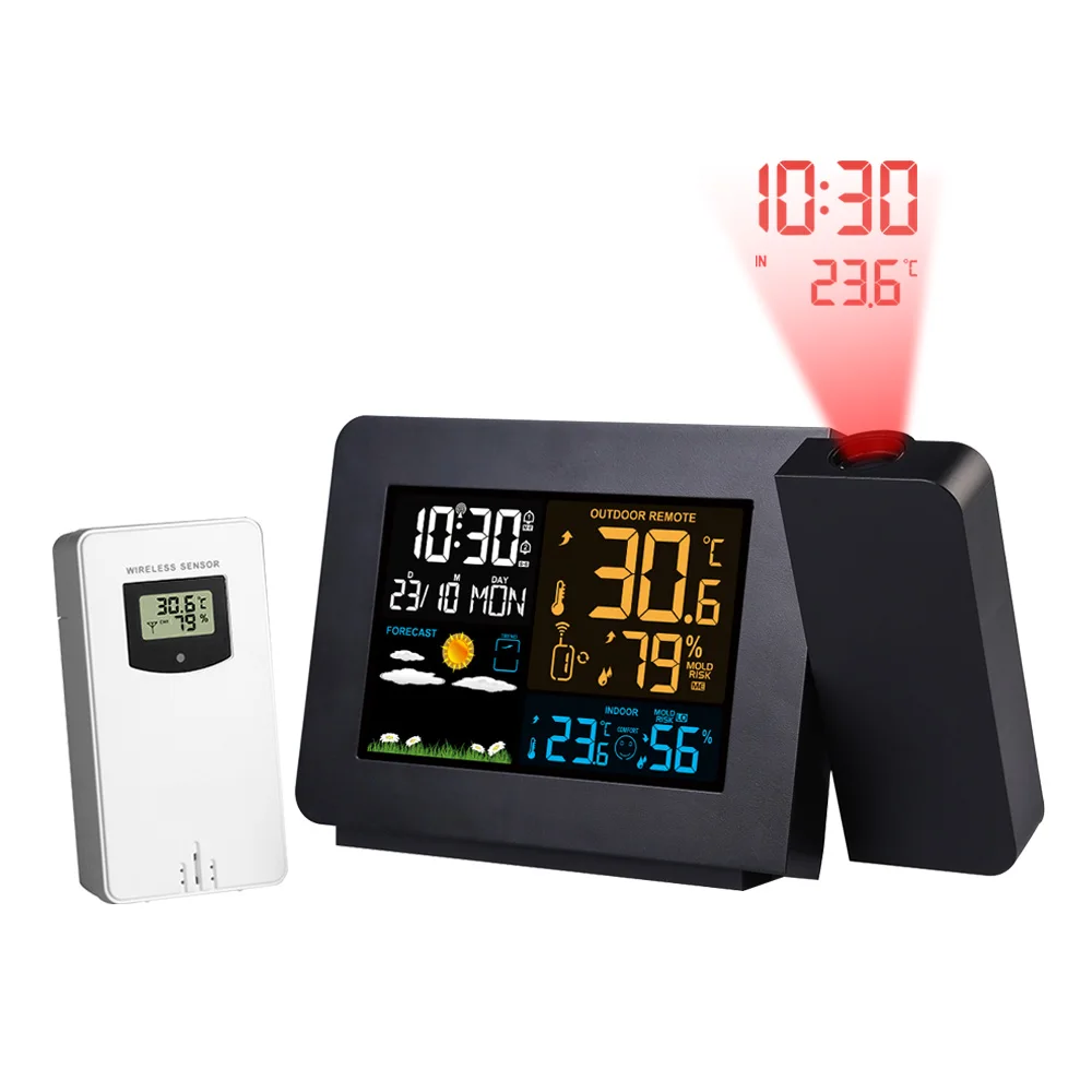 

LED Digital Alarm Clock Weather Station Temperature Humidity Weather Forecast Snooze Table Clock With Time Projection