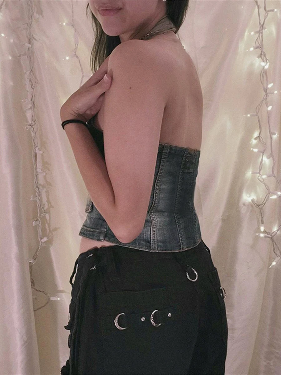 

Женский укороченный корсет на шнуровке, жилет, джинсовая майка-бюстье, уличная одежда в стиле панк, жаккардовая куртка с открытой спиной