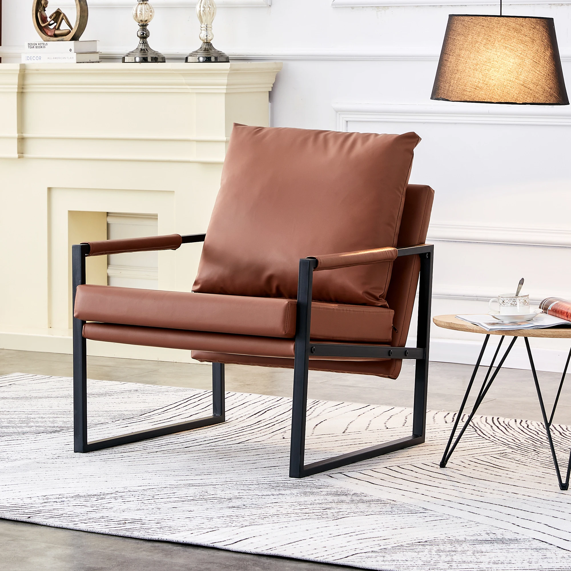 Mid Century Modern Upholstered Armchair With Metal Frame Extra-thick Padded Backrest For Living Room