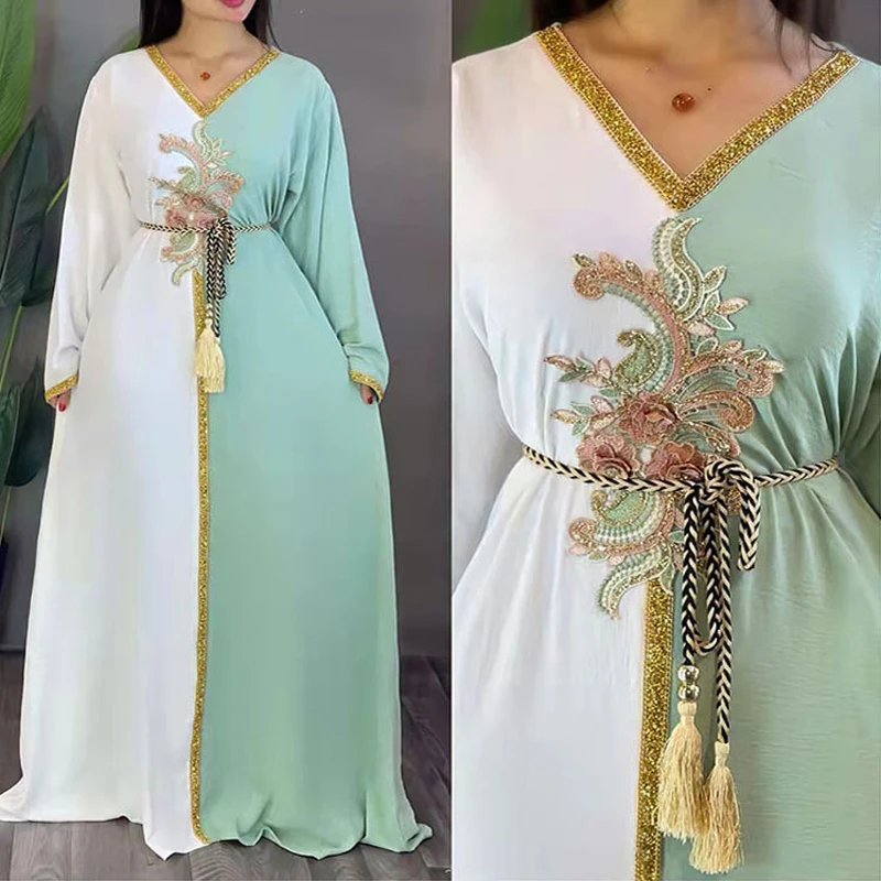 Ensemble Femme Musulmane Eid Mubarak Abayas 3D Flowers Chiffon Dress Inner 2 PCS Set Djellaba Femme Women Dubai Turkish Robes