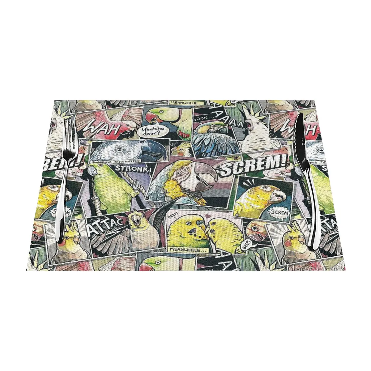 

Parrots Comic Style Placemat Multi Color Glass Table Perfect Accessory Washable