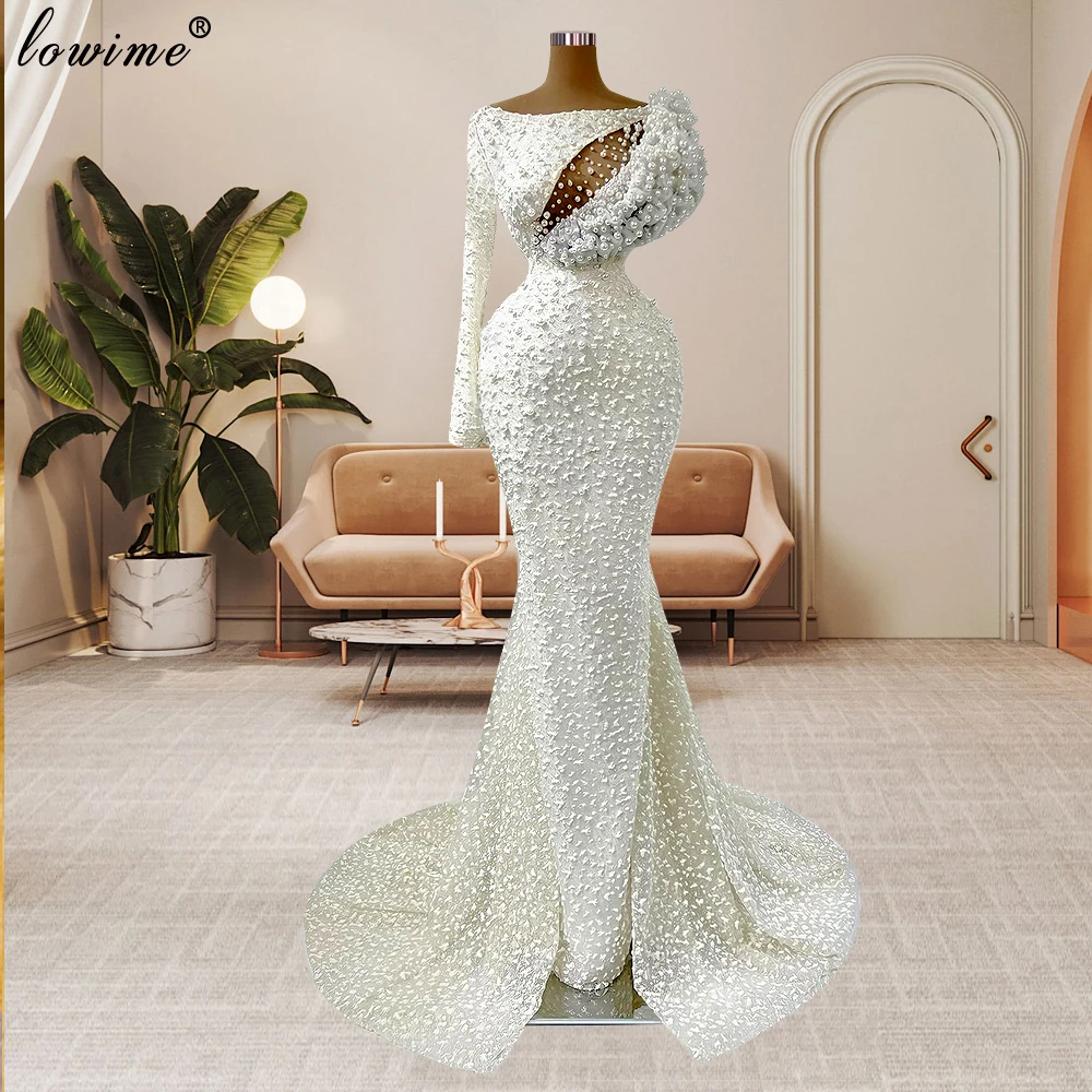 

Женское платье-Русалка на одно плечо, с жемчугом