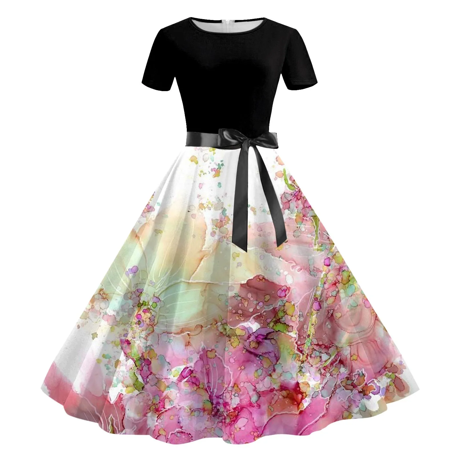 

Casual Vintage Cocktail Dresses For Women Short Sleeve Knee Length Retro A Line Flared Swing Formal Prom Elegant Party Dresses