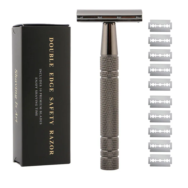 

Long Handle Double Edge Safety Razor For Men's Wet Shave + 10 Shaving Blades