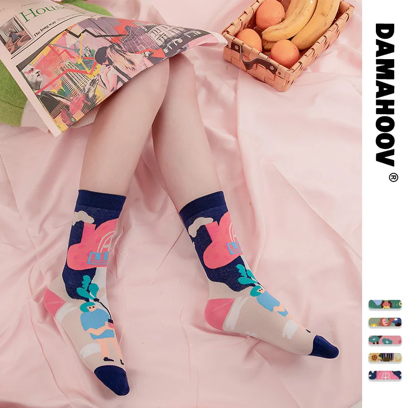 Men Women Socks  Cute Series Korean Harajuku Cartoon Funny Women Happy Cotton Cool Middle Tube Socks Boys Girls socks 5/Lot