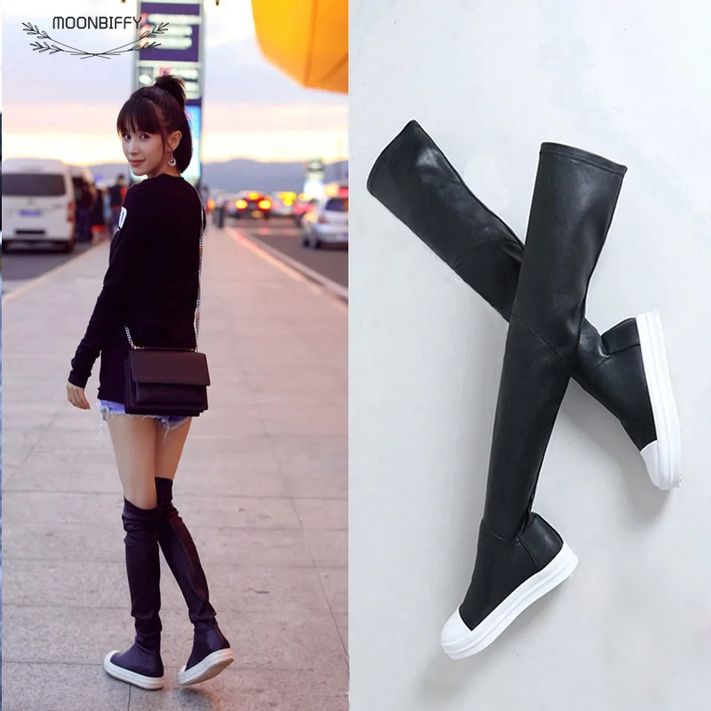 

Women Over-the-Knee Boots 2022 Girls New Chunky Boots Woman Leather Elastic Flat Casual Leisure Student Shoes Long