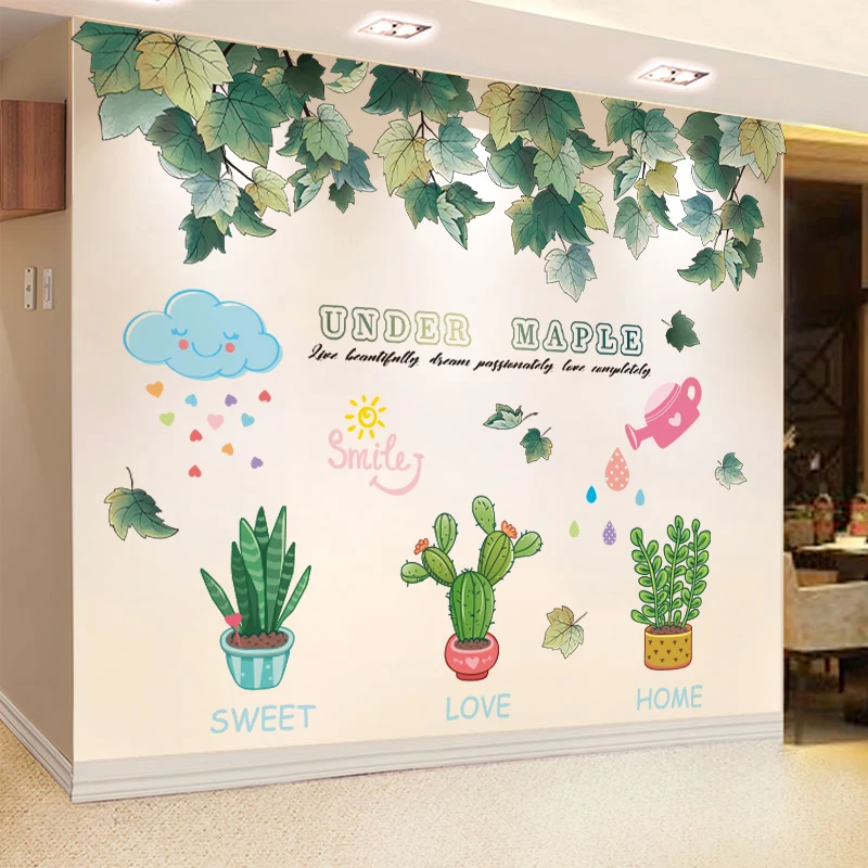 

Green Pot Plant Wall Sticker DIY Maple Leaves Mural Decals for Kids Bedroom Living Room Kindergarten Nursery House Decoration