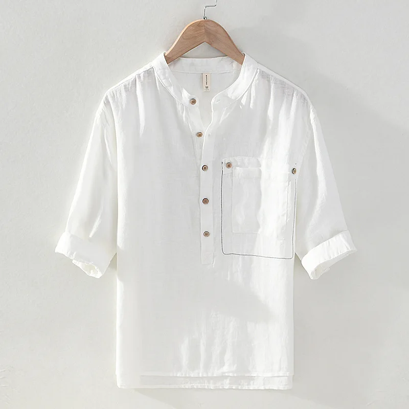 

2022 Men's Spring and Summer New Linen Half Sleeves Shirt Stand Collar Casual Linen Retro Pullover Shirt