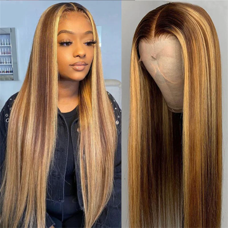 

2021 New European and American cross-border Brazilian wig Women's brown blonde gradient long straight hair 13X4 in a wig cover