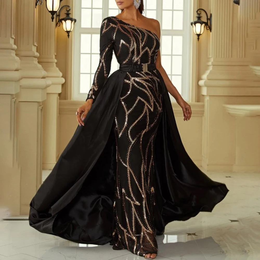 

Party Long Dress for Women Sexy One Shoulder Bodycon Tight Nightclub Dresses with Detachable Train Sequined Formal Evening Gowns