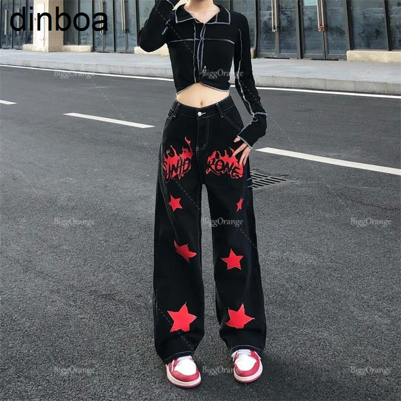 

New American Retro Flame Star Print Jeans Fashion Loose Straight Trousers Y2k Men and Women Baggy Wide Leg High Waisted Jeans