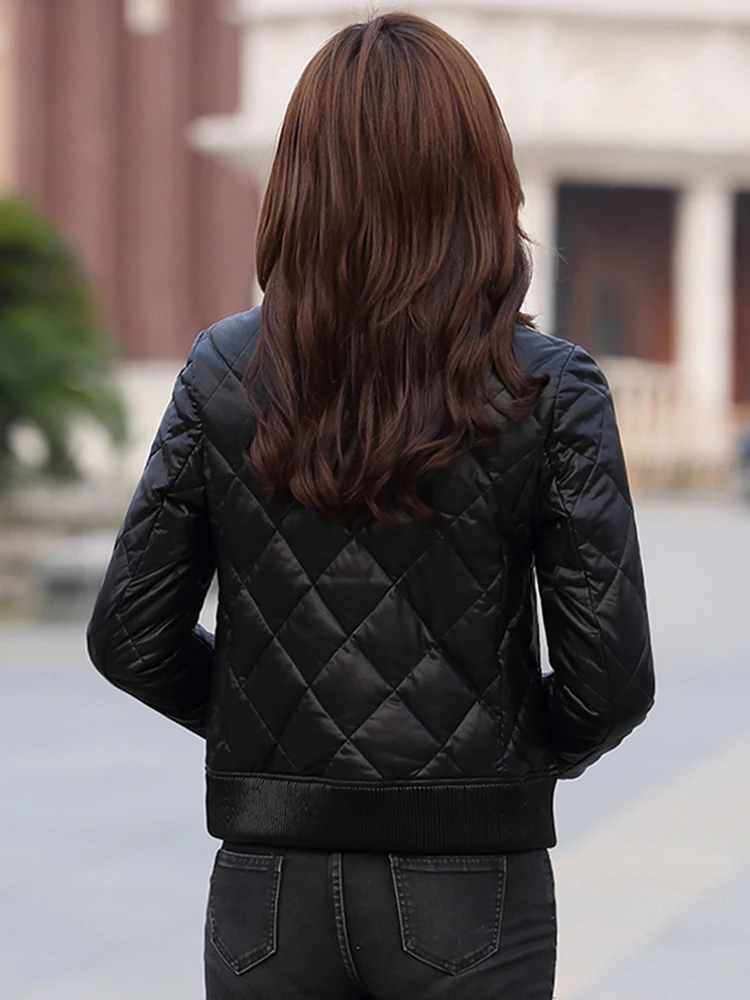 New Women Leather Down Jacket Autumn Winter Casual Fashion Baseball Style Warm Slim Short Sheepskin Coat Split Leather Jacket