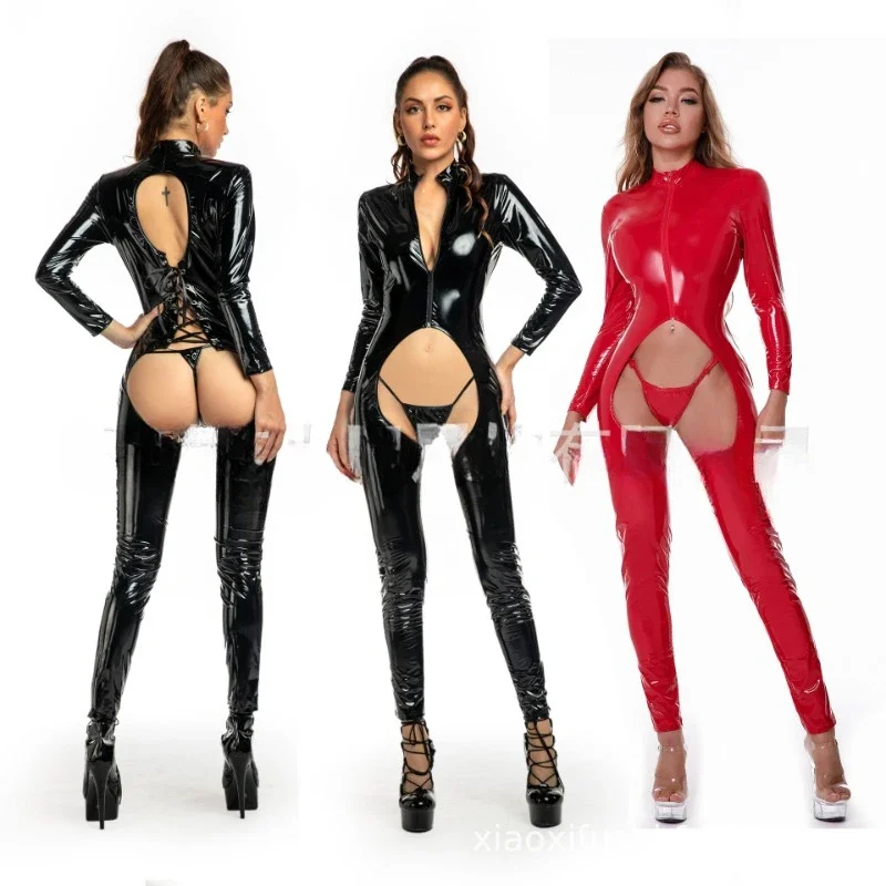 Women Sexy Hollow Out Latex Catsuit PVC Faux Leather Wetlook Jumpsuit Hot Exotic Costume Lingerie PU Bodysuit Clubwear Overalls