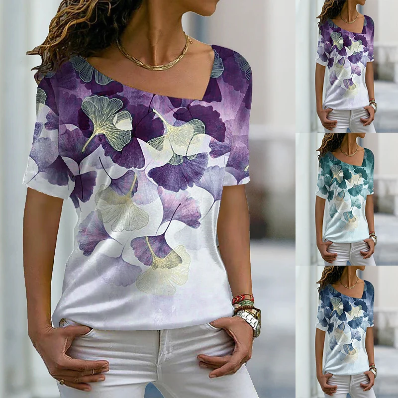

2022 Summer Women's Floral Theme 3D Printed Painting T Shirts V Neck Female Tops Pullover Basic Streetwear New Design T Shirts