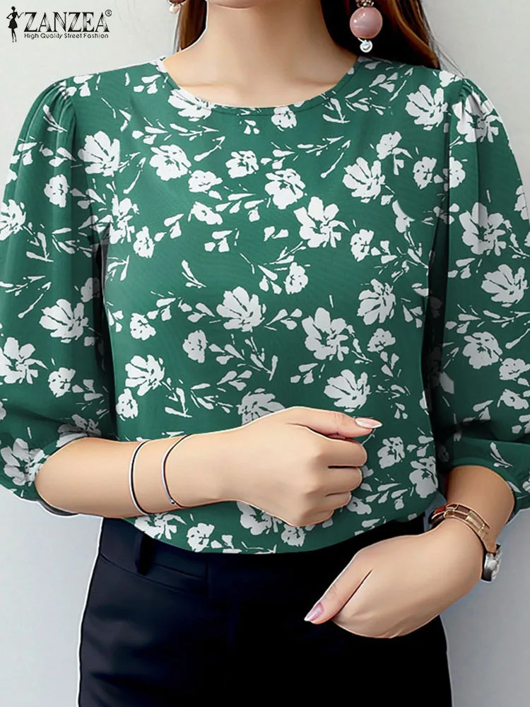 ZANZEA женские Blusas Mujer с пышными рукавами элегантные рубашки круглым вырезом и