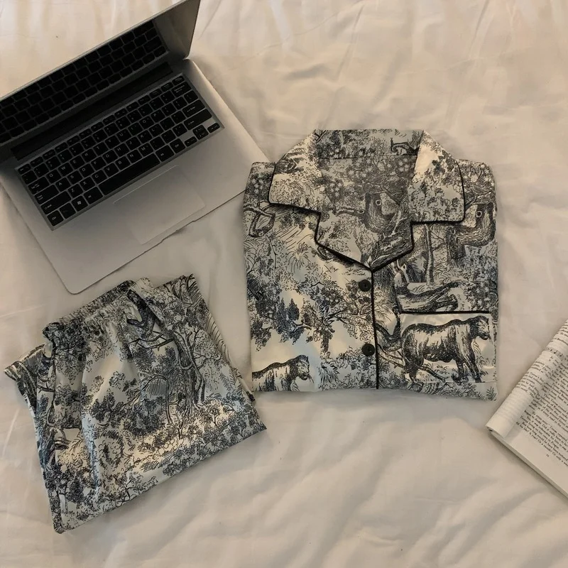 Ice Silk Pajamas Women's Spring Simple Ink Painting Shirts Trousers Two-piece Lapel Cardigan Women's Luxury Casual Home Wear