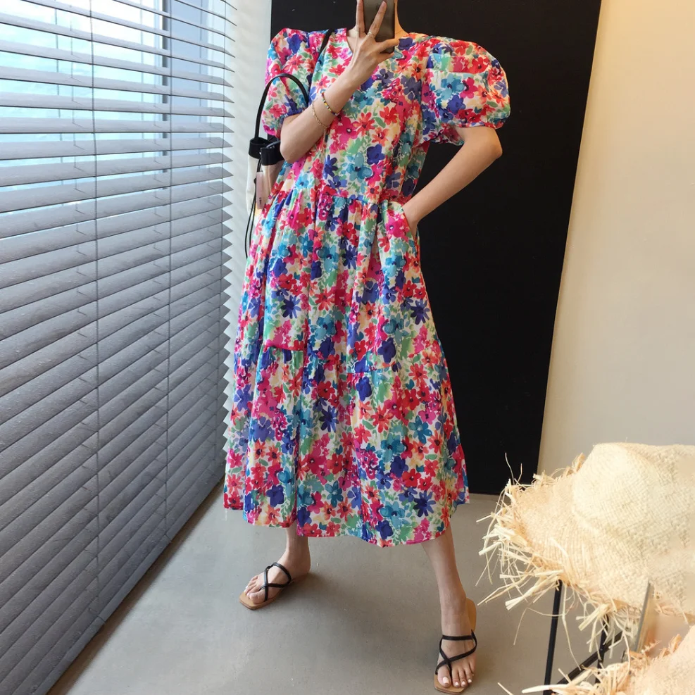 

SuperAen 2022 Summer Sweet Floral Printing O Neck High Waist Thin Puff Sleeve A-LINE Casual Mid-Calf Dresses Women