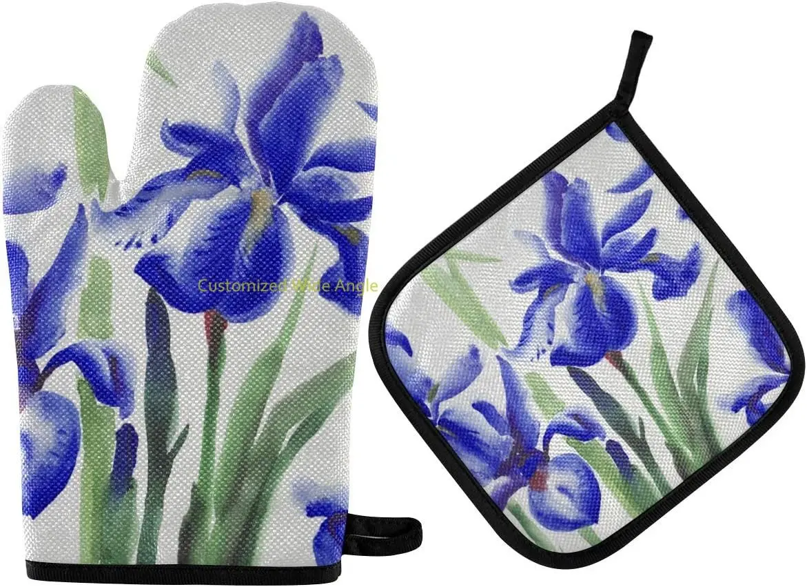 

Blue Iris Oven Mitts and Pot Holders Insulated Gloves & Kitchen Counter Safe Mats for Cooking BBQ Baking Grilling