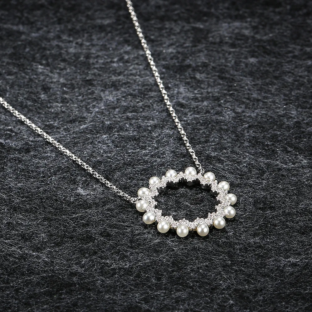 

APM STYLE High Quality 925 Sterling Silver Round Pearl Necklace With Gentle Sunflower Shape Clavicle Chain Gift