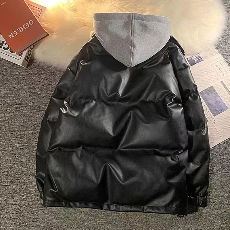Winter Fake Two-Piece Hooded Cotton-Padded Coat Korean Style Loose PU Leather All-Matching Girls Boys Coat Couple Outerwear