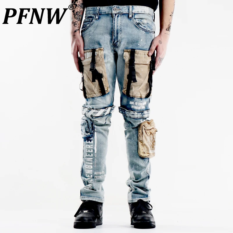

PFNW Spring Autumn Men's High Street Pockets Patchwork Slim Jeans Splash-ink Worn Out Print Letter Fitting Denim Pants 12A7929