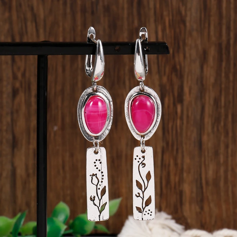 

Vintage Red Stone Dangle Earrings for Women Tribal Flowers Plants Hollow Design Antique Metal Statement Earrings Jewelry