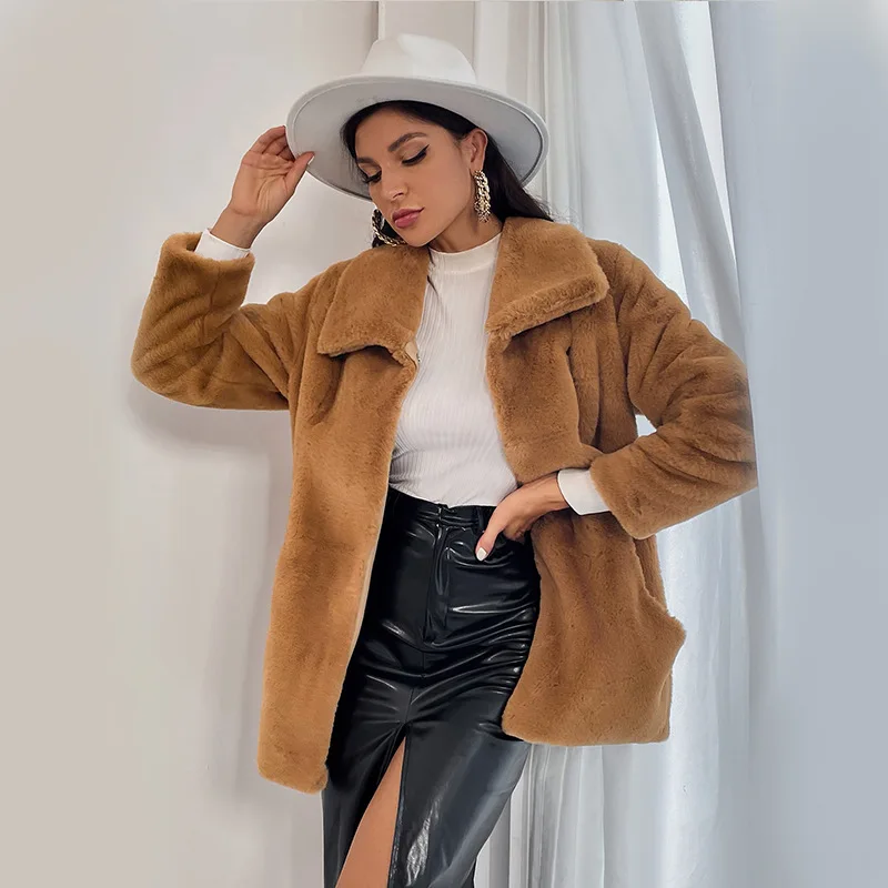 Autumn Winter Women's Clothing Khaki Mid-length Imitation Fur Coat Women's Stitching Warm Thick Faux Fur Coat Free Shipping