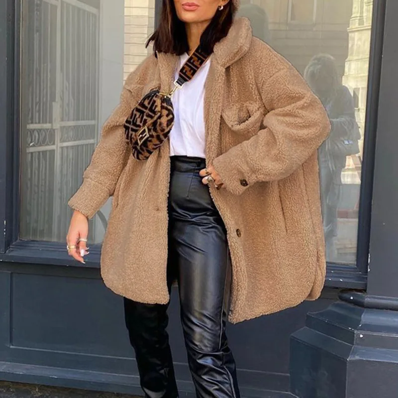 Pure Color Warm Faux Fur Pocket Lamb Wool Single-breasted Temperament Jacket Women Autumn and Winter Street Style New Jacket