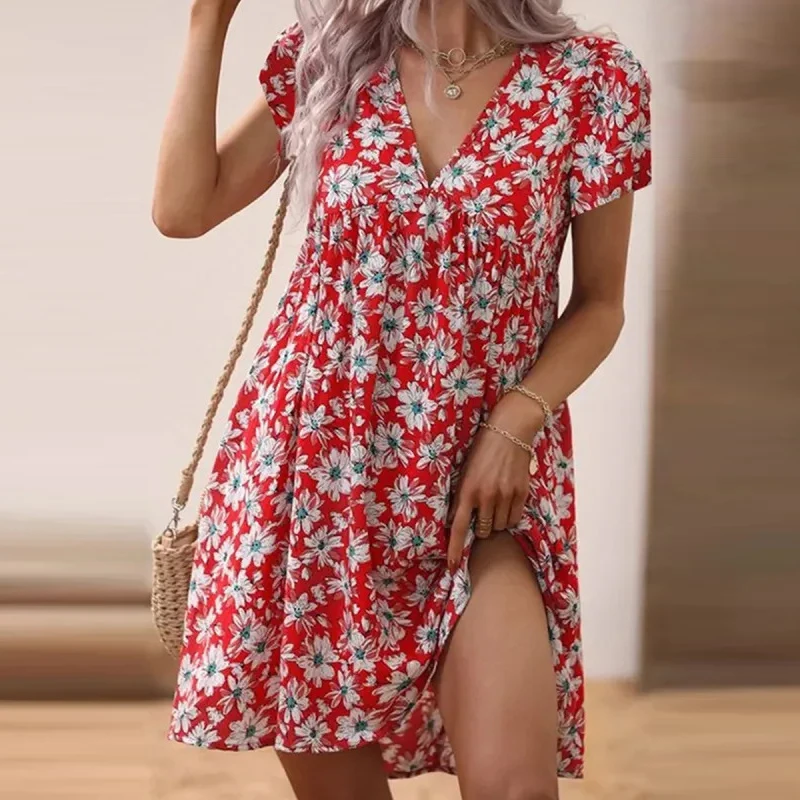 

New Casual V Neck High Waist Women Dress Spring Sexy Floral Print Office Lady Dress Summer Short Sleeve Loose Beach Mini Dresses