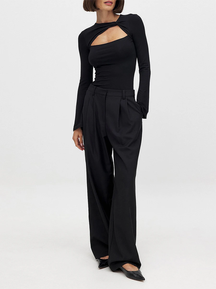 Женские летние топы s Однотонная футболка с вырезом спереди и длинным рукавом