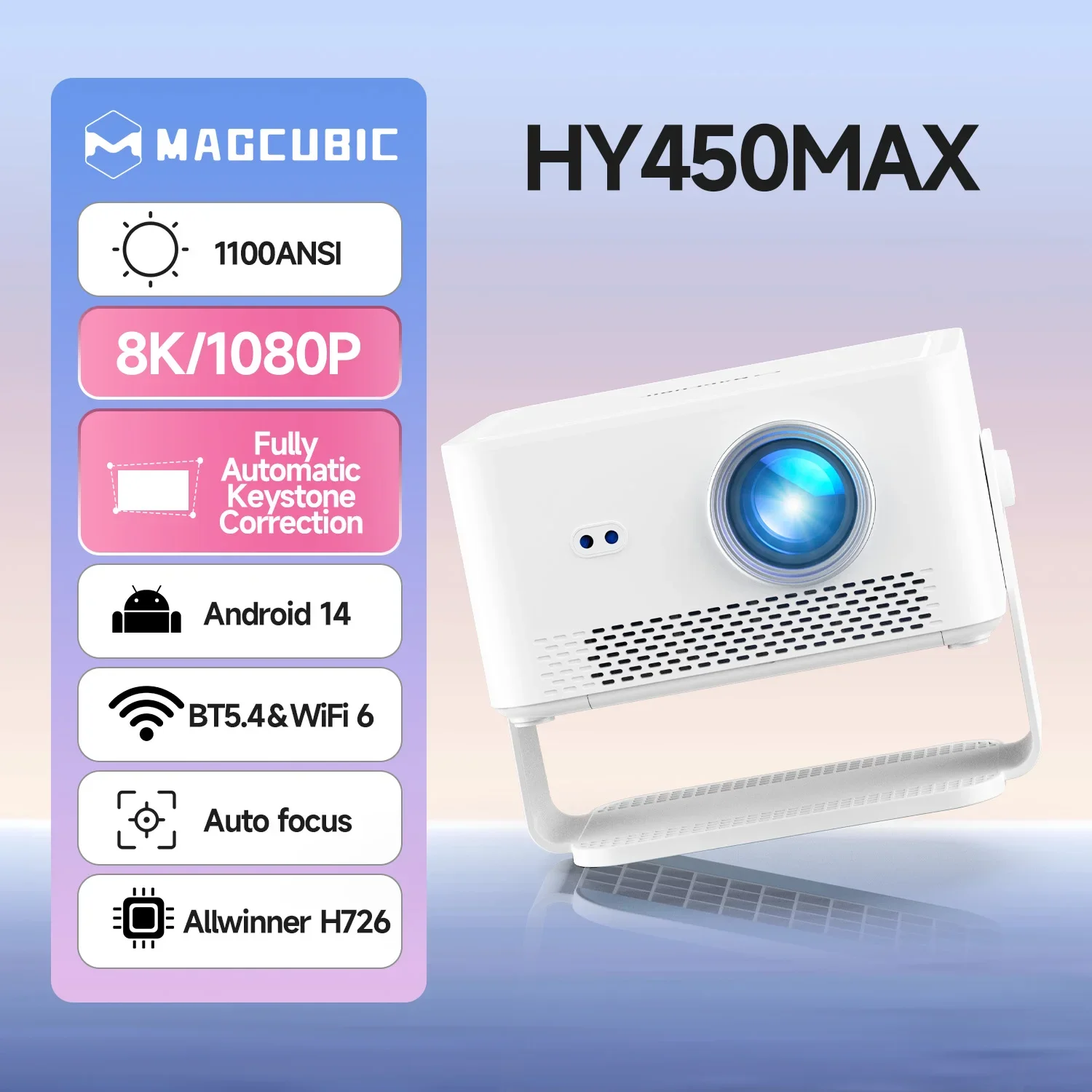 Proyector portátil Magcubic HY450MAX 1100ANSI 1080p auto‑focus 8K Android Wi‑Fi6 mini