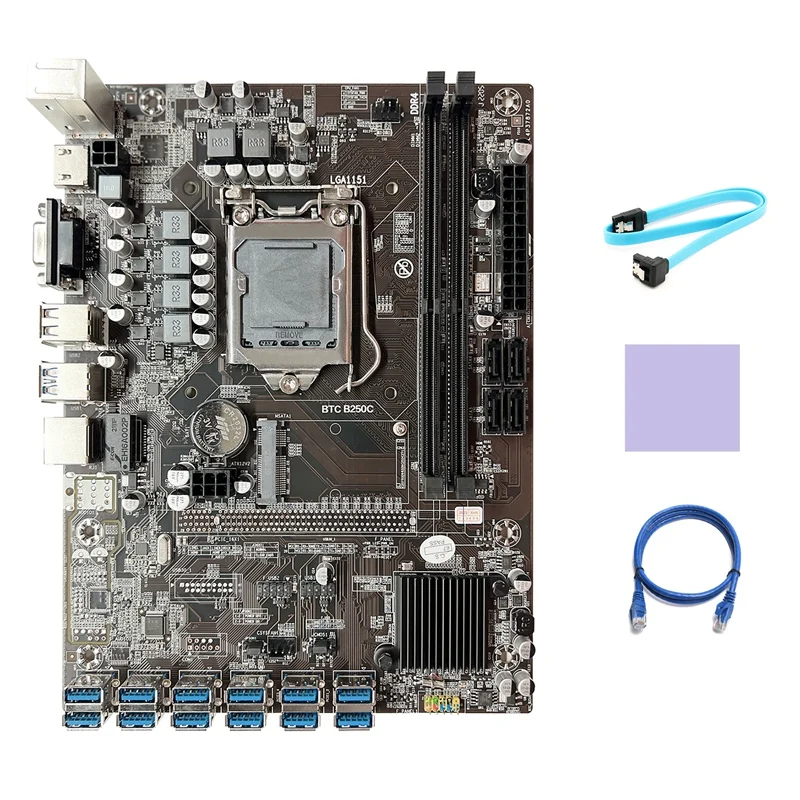 

B250C BTC Mining Motherboard+SATA Cable+RJ45 Network Cable+Thermal Pad 12XPCIE To USB3.0 GPU Slot LGA1151 Motherboard