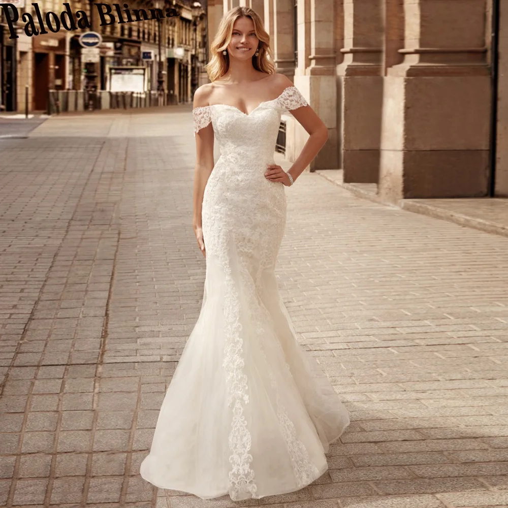 

Paloda Vintage Trumpet Lacing Up Wedding Dresses For Women Appliques Cap Sleeve V-Neck Court Train Tulle Vestido De Casamento