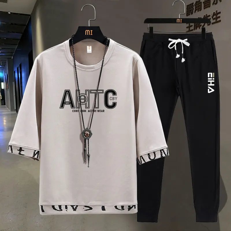 2023 New Men's Suit Short Sleeve T-shirt Men's Korean Fashion Loose Summer Wear Ins Fashion Brand Casual Top Men's Clothing