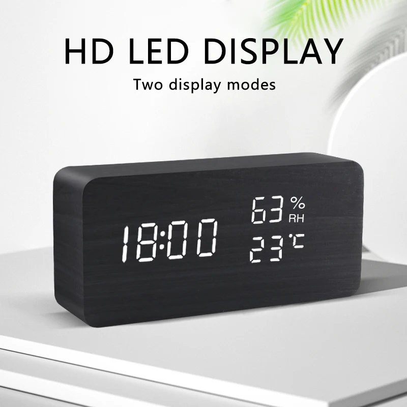 Фото Будильник-часы LED деревянные настольные с голосовым управлением, цифровые, на USB/ААА батарейках, электронные настольные часы №2