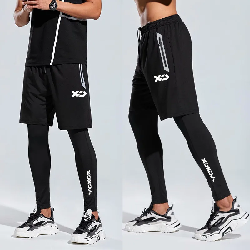 

New Spring Summer Men's Elastic Fake Two Piece Fishing Pants Outdoor Breathable Tight Running Sweatpants Hiking Cycling Trousers