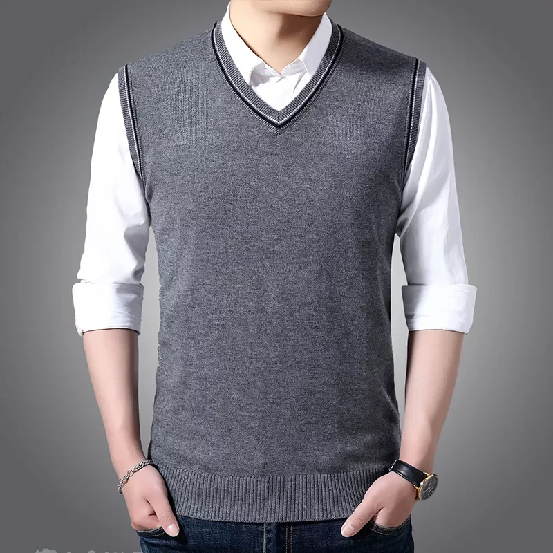 

NEW IN Classic Style Men's Wool V-neck Sweater Vest Business Casual Solid Color Sleeveless Knitted Vest Tops Male Brand Clot