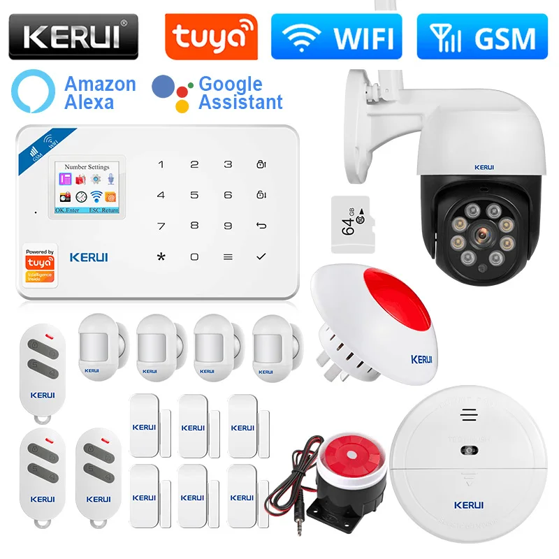 

KERUI W181 домашняя сигнализация WIFI GSM сигнализация Поддержка Alexa Tuya умный датчик движения датчик двери детектор сирена IP камера